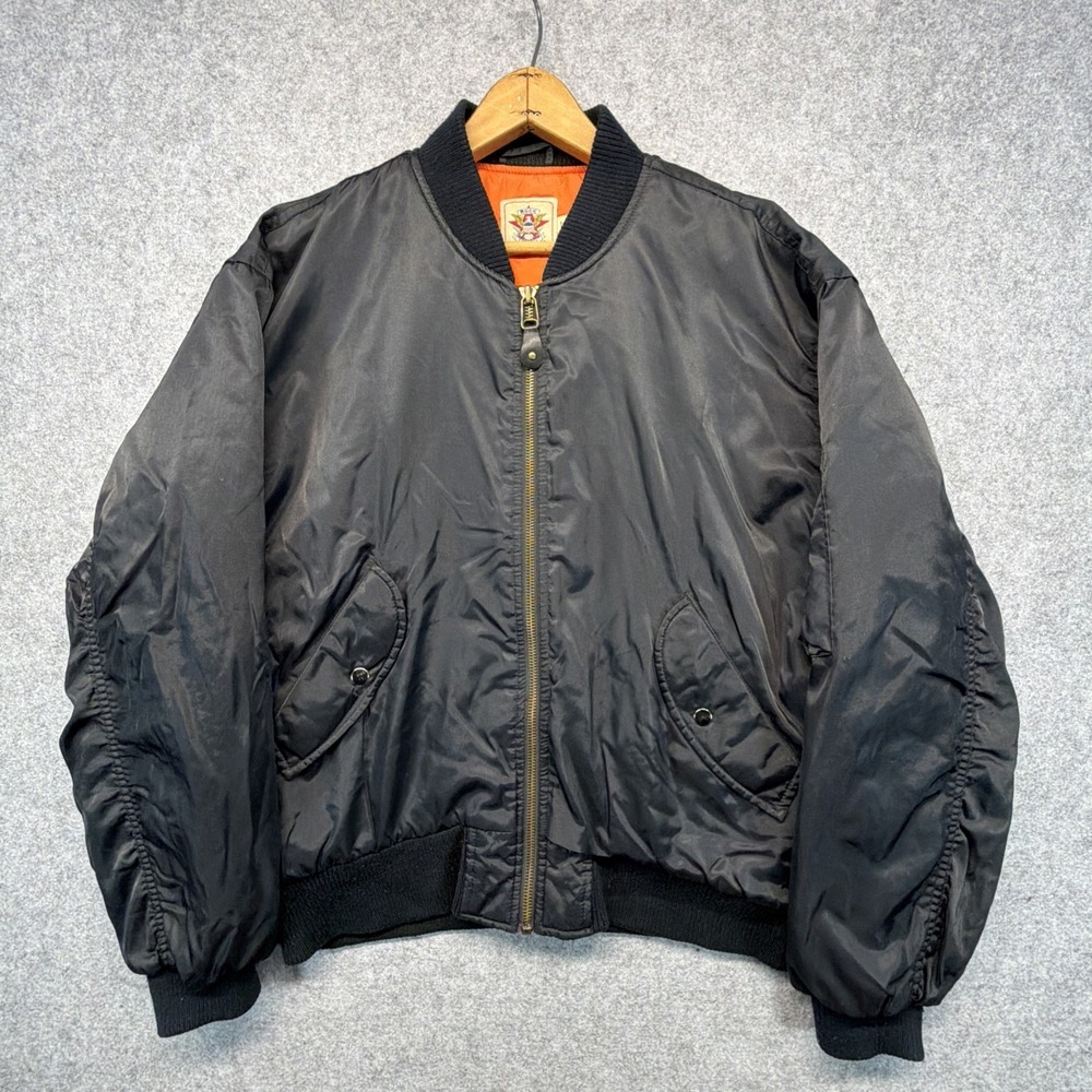 Vintage MA-1 Bomber Flight Jacket Adult Size Large Black Orange